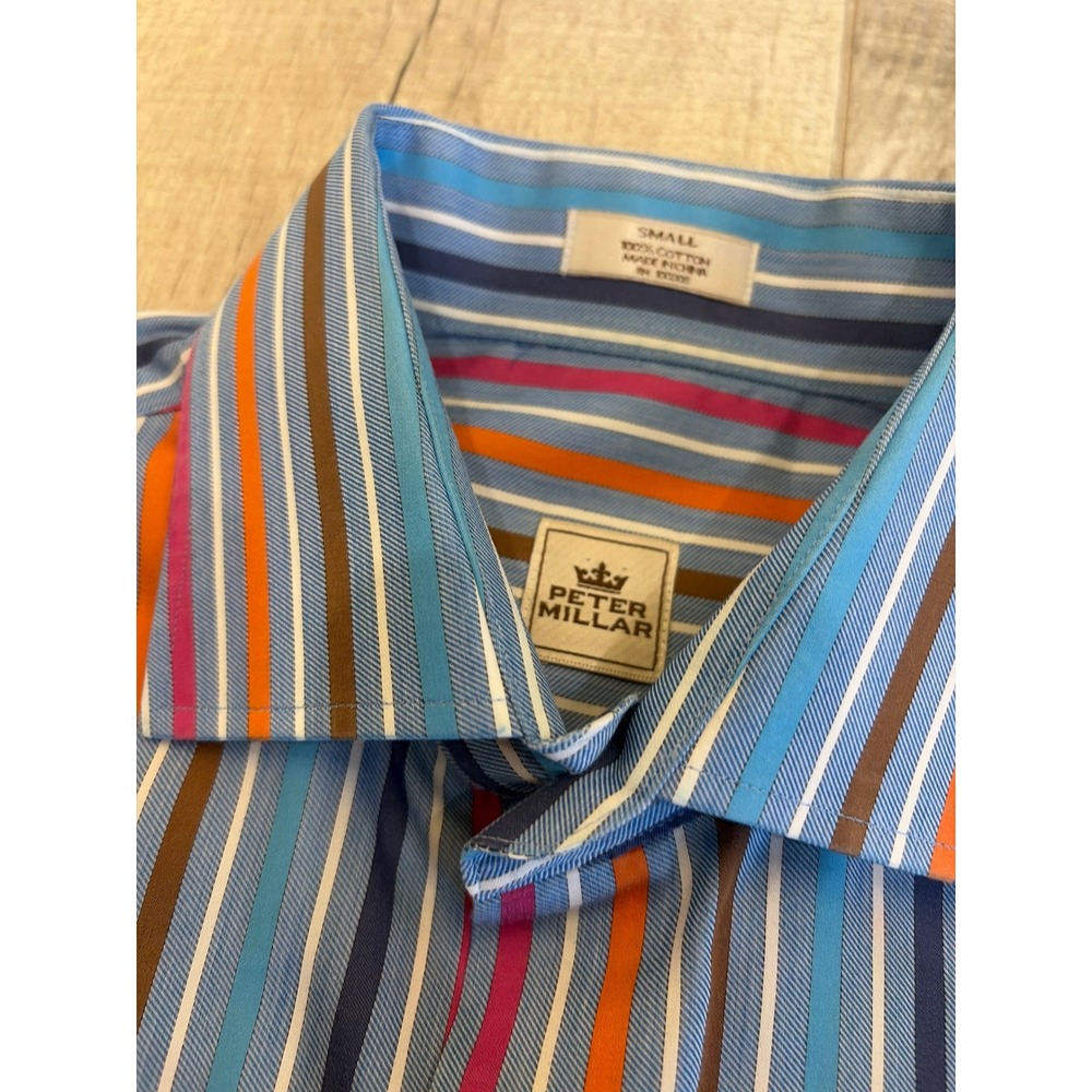 Peter Millar Mens Small Blue Multi Color Striped Cotton Button Down Shirt LS